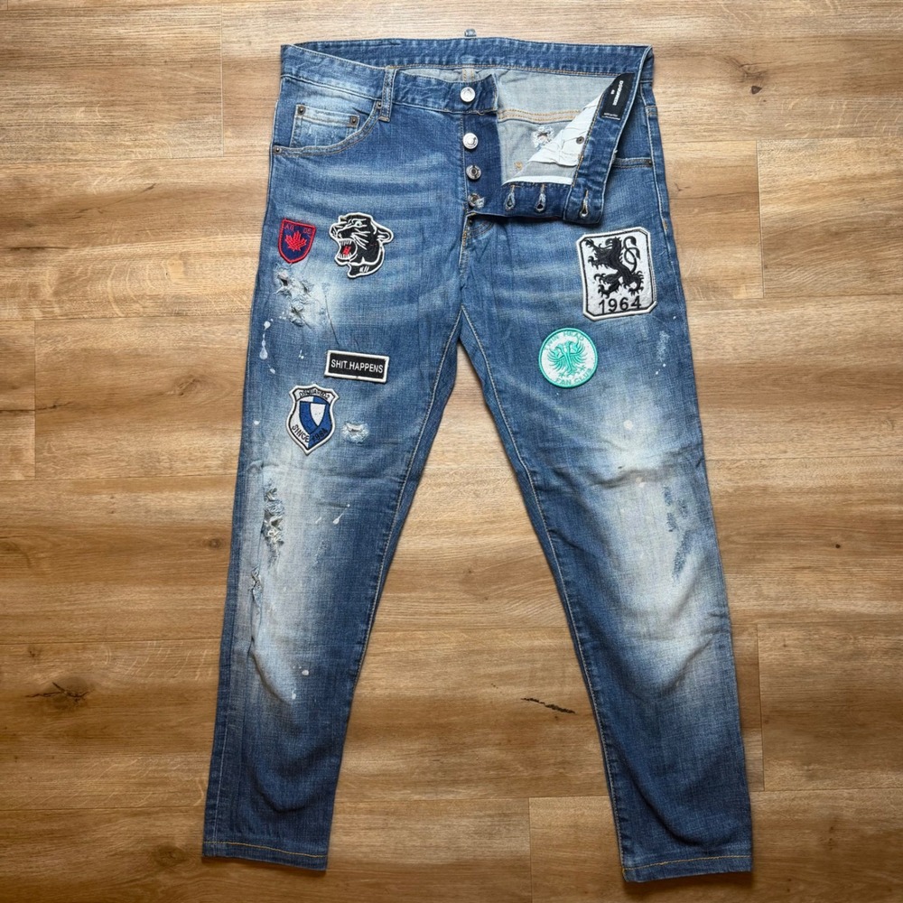 Dsquared2 Classic Kenny Twist Jeans Mens 48 Blue Distressed Patchwork Made Italy